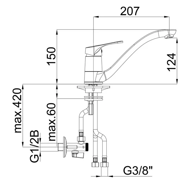 Herz baterija Project M20 za sudoperu, 3 cevi, ugaoni ventil 01185