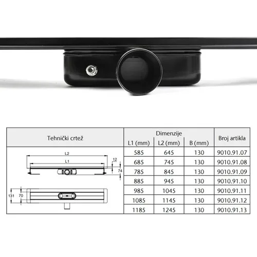 Aco shower drain classic kanal za t kab sa mat crnim završnim prelazom sa hor flanšom 585mm