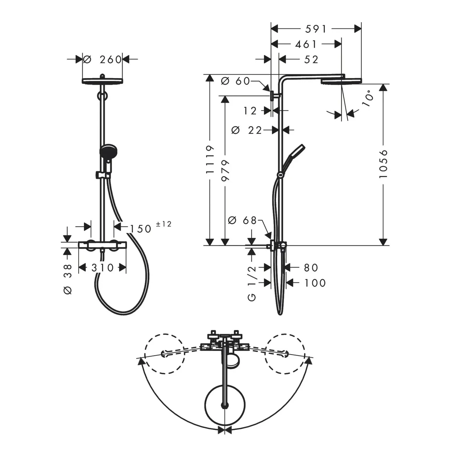 Hansgrohe Pulsify S Puro 260 usponski tuš sa termostatskim mešačem Ecostat fine brushed bronze 24222140