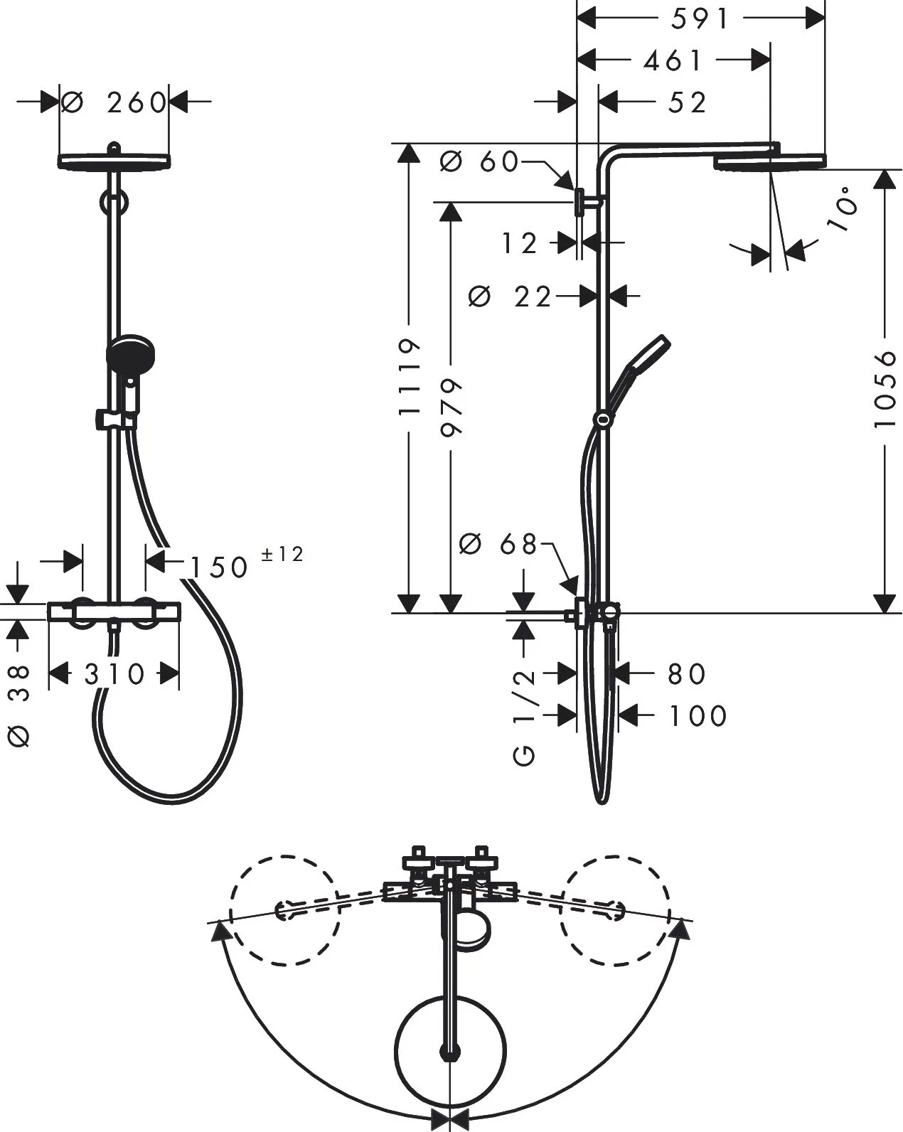 Hansgrohe Pulsify S Puro 260 usponski tuš sa termostatskim mešačem Ecostat fine 3 mlaza ručica brushed bronze 24236140