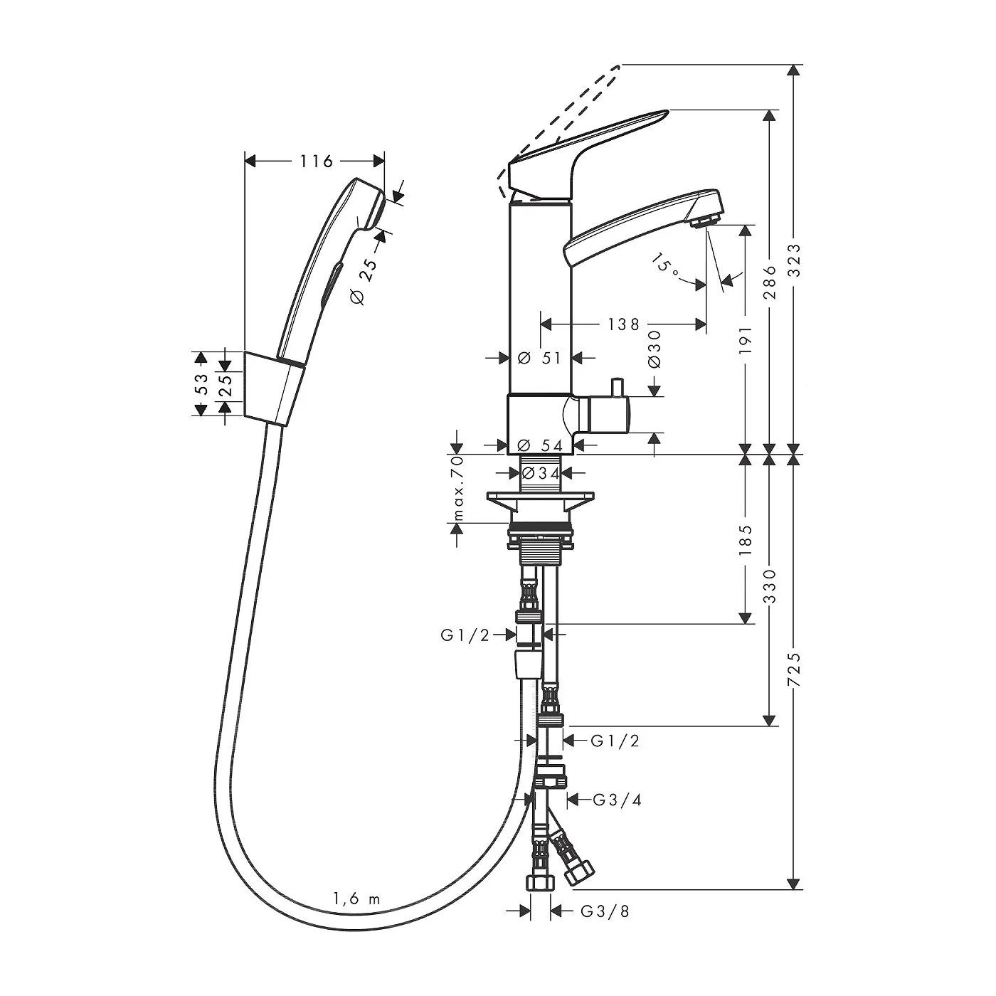 Hansgrohe Talis S slavina za umivaonik sa stop ventilom i ručicom tuša za bide 31515000