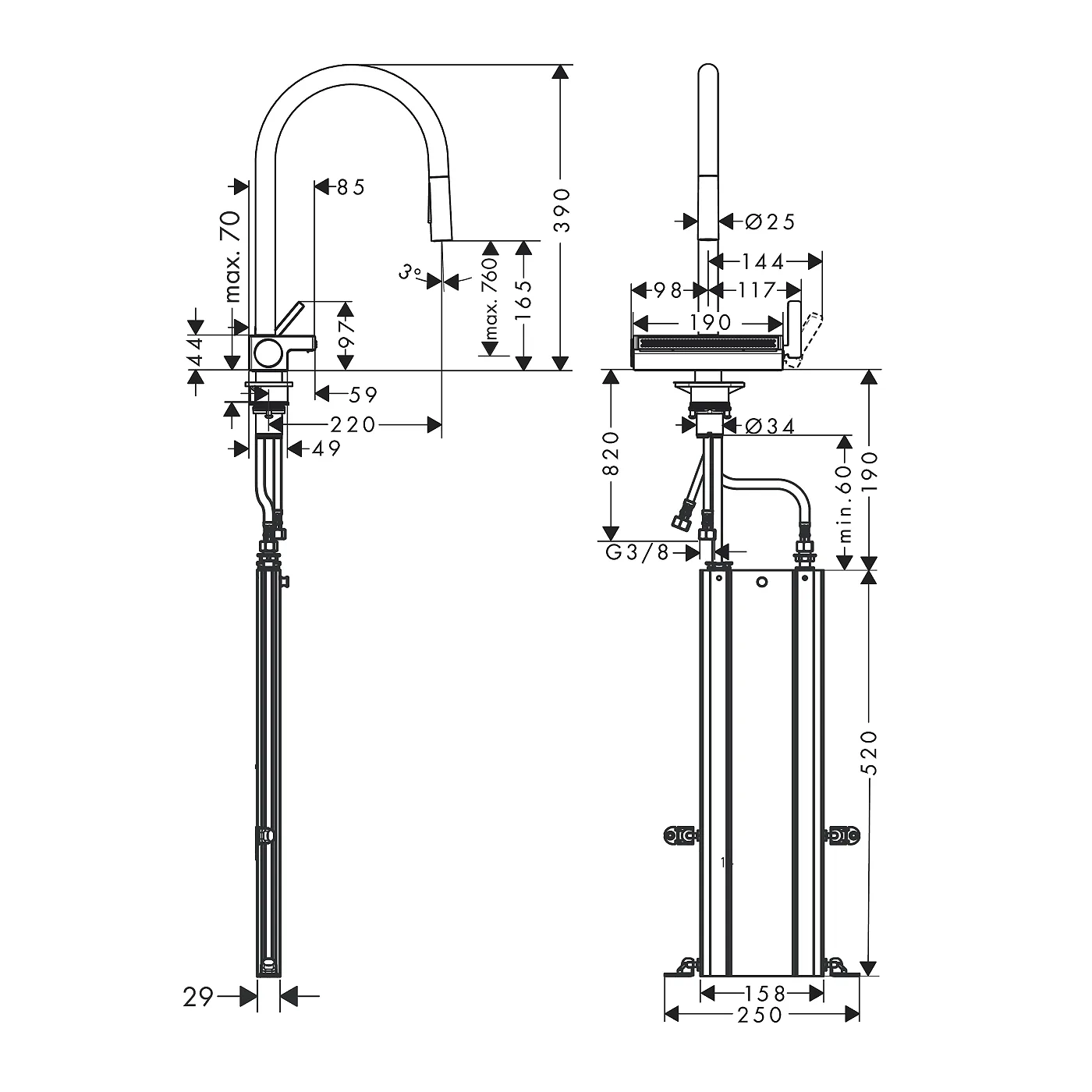 Hansgrohe Aquno Select M81 za sudoperu 170 sa izvlačnim tušem 3 mlaza, sBox 73831000