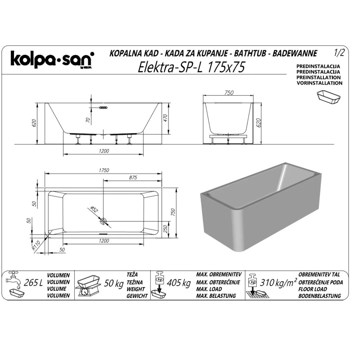Kolpa San kada Elektra SP - L 175x75/O