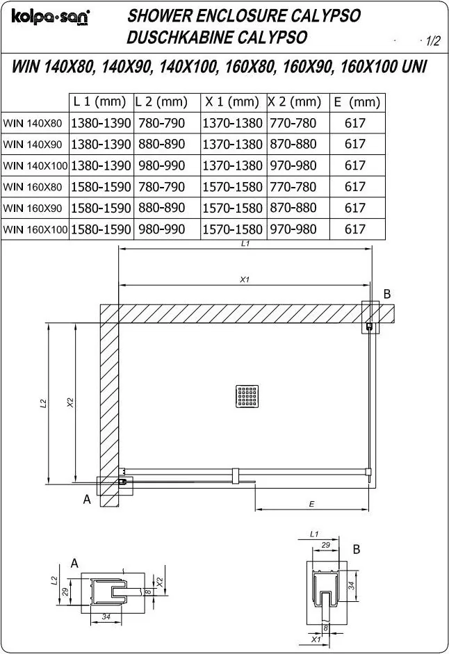 Kolpa San Tuš kabina Calypso Walk in WIN 140X100-UNI SBR/1