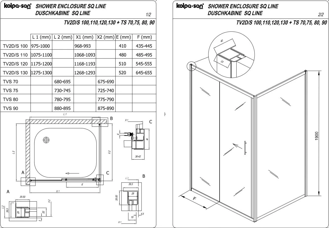 Fiksni panel Kolpa San SQ Line 75 Chrome 1900mm Chinchila staklo 5mm