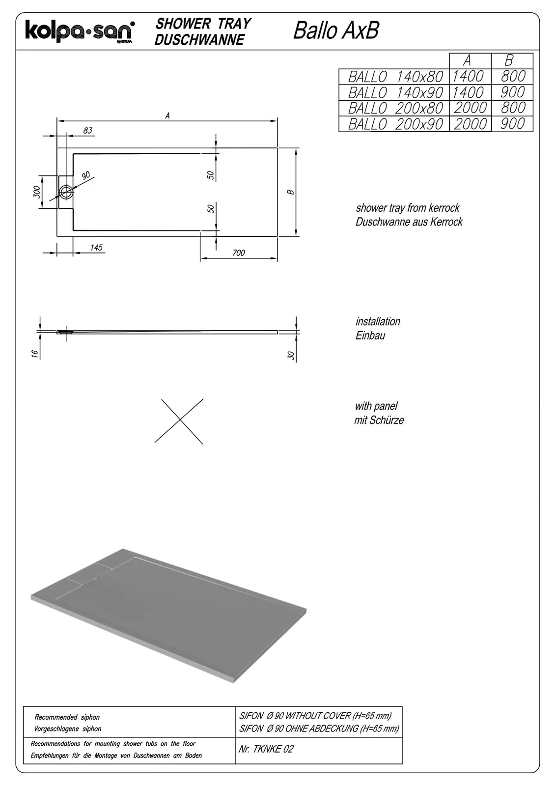 Tuš kada Kolpa San Ballo 200x80 Kerrock, na pod bez sifona