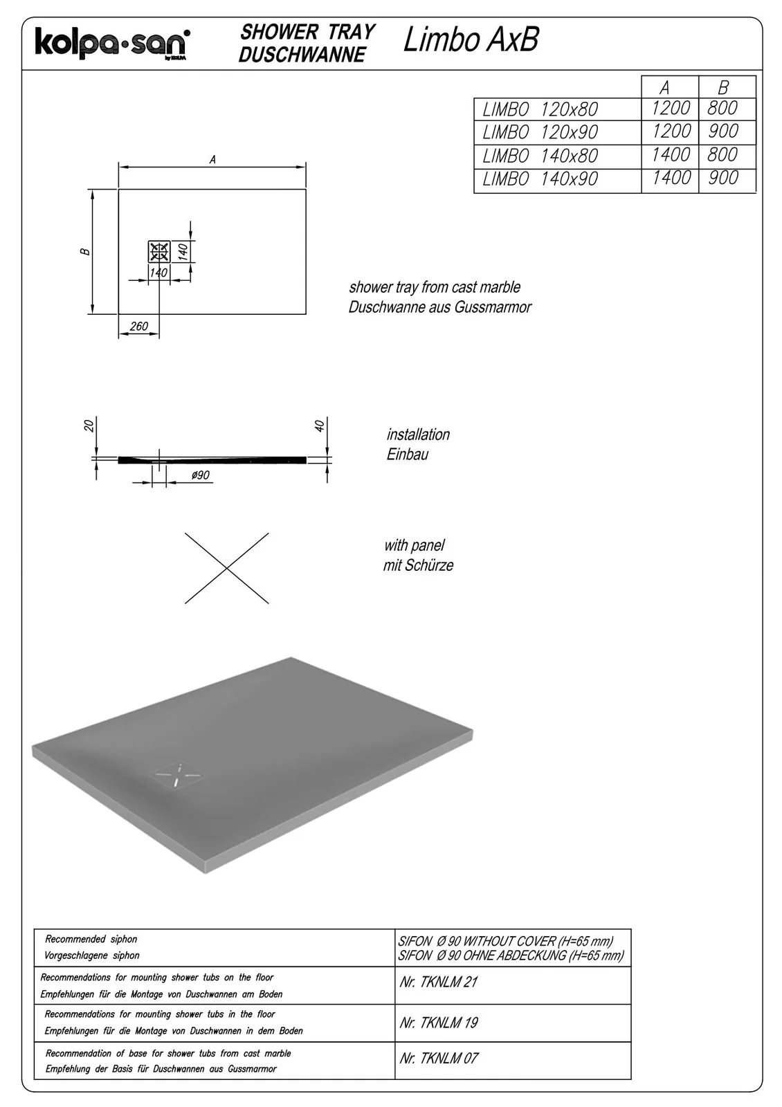 Kolpa san tuš kada LIMBO 140X80 LM WHITE