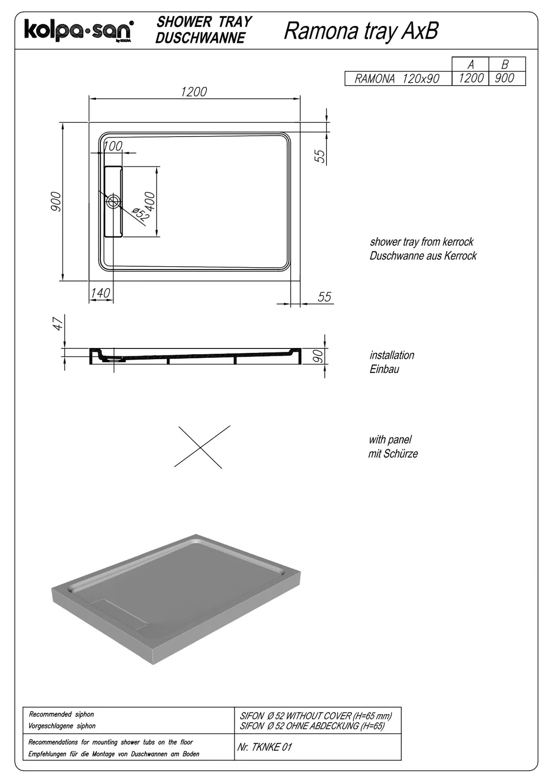 Tuš kada Kolpa san Ramona Tray 120x90 Kerrock, na pod
