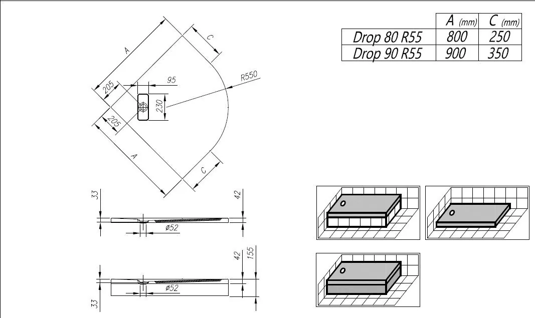 Tuš kada Kolpa San DROP 90x90 R550 polukružna sa oblogom