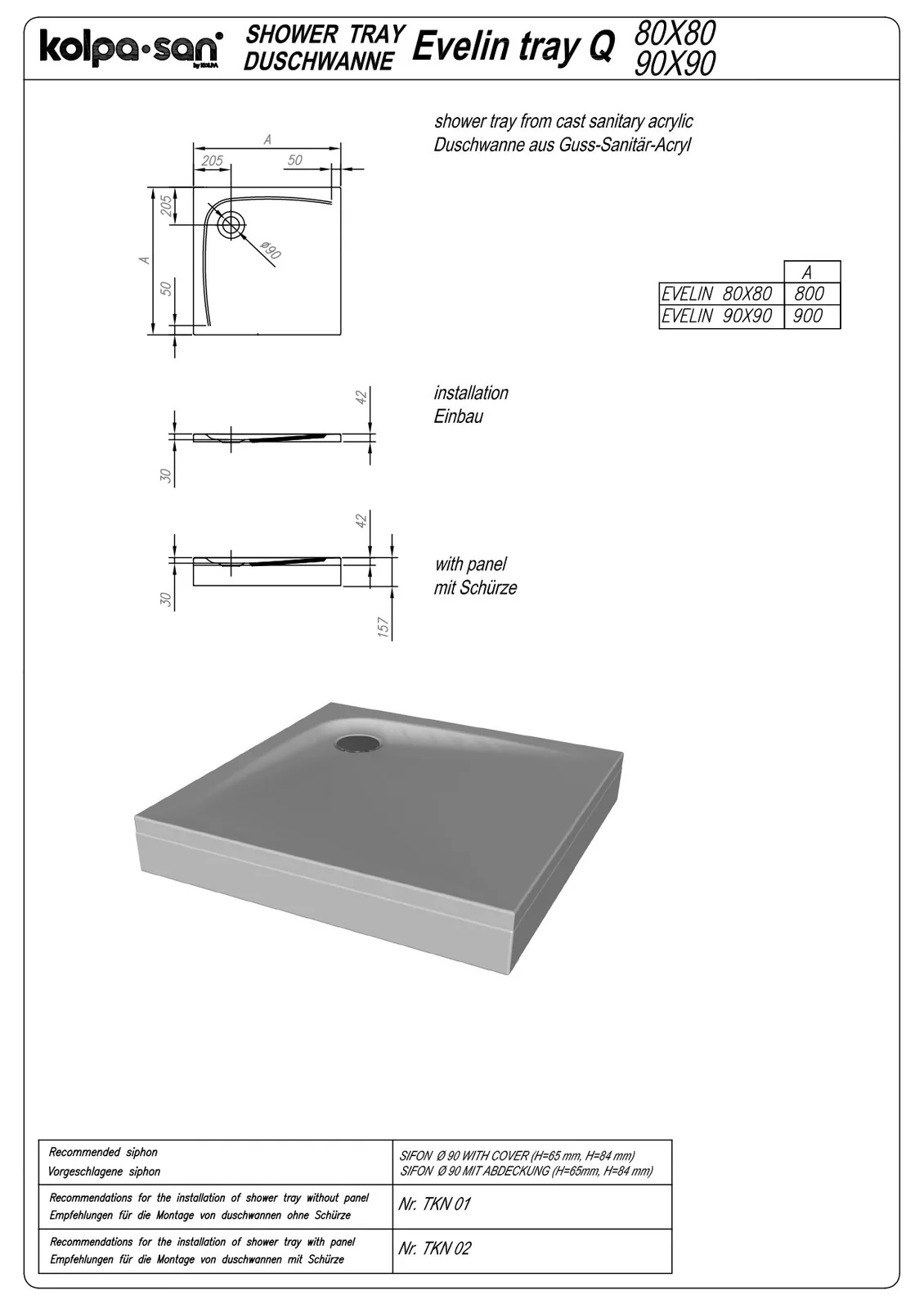 Tuš kada Kolpa San Evelin Tray Q White 90x90x4.2 četvrtasta ugradna