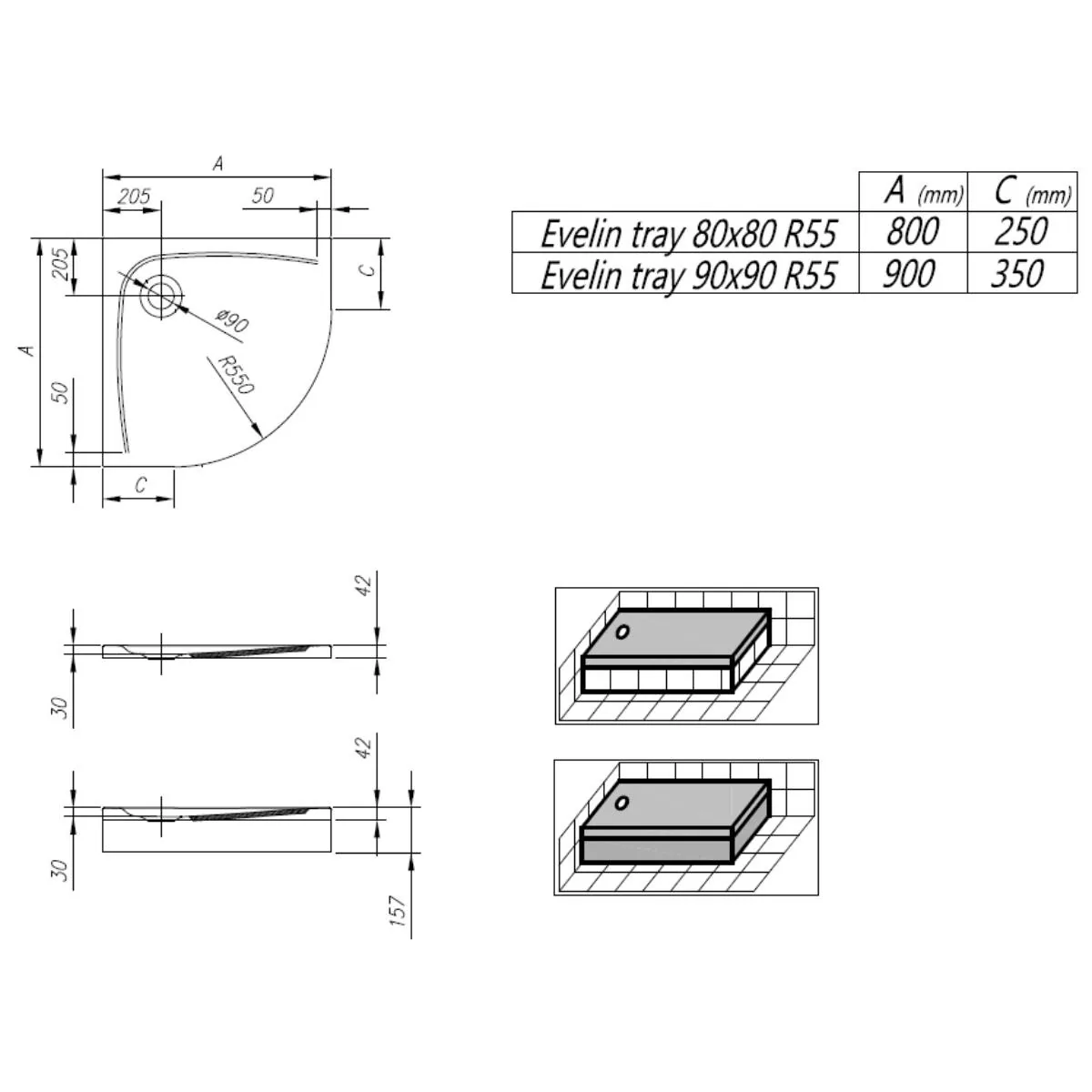 Tus kada Evelin Tray R 90 White R90x90 ugradna polukružna bez sifona