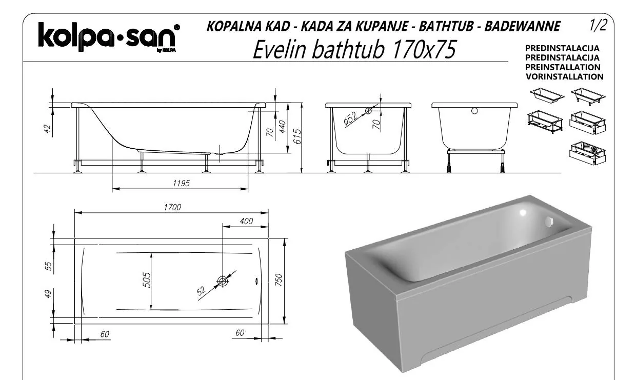 Ugradna kada Kolpa San Evelin White 170x75x44
