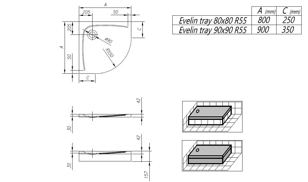 Tus kada Evelin Tray R 90/O White, 90x90, obloga i postolje, polukružna