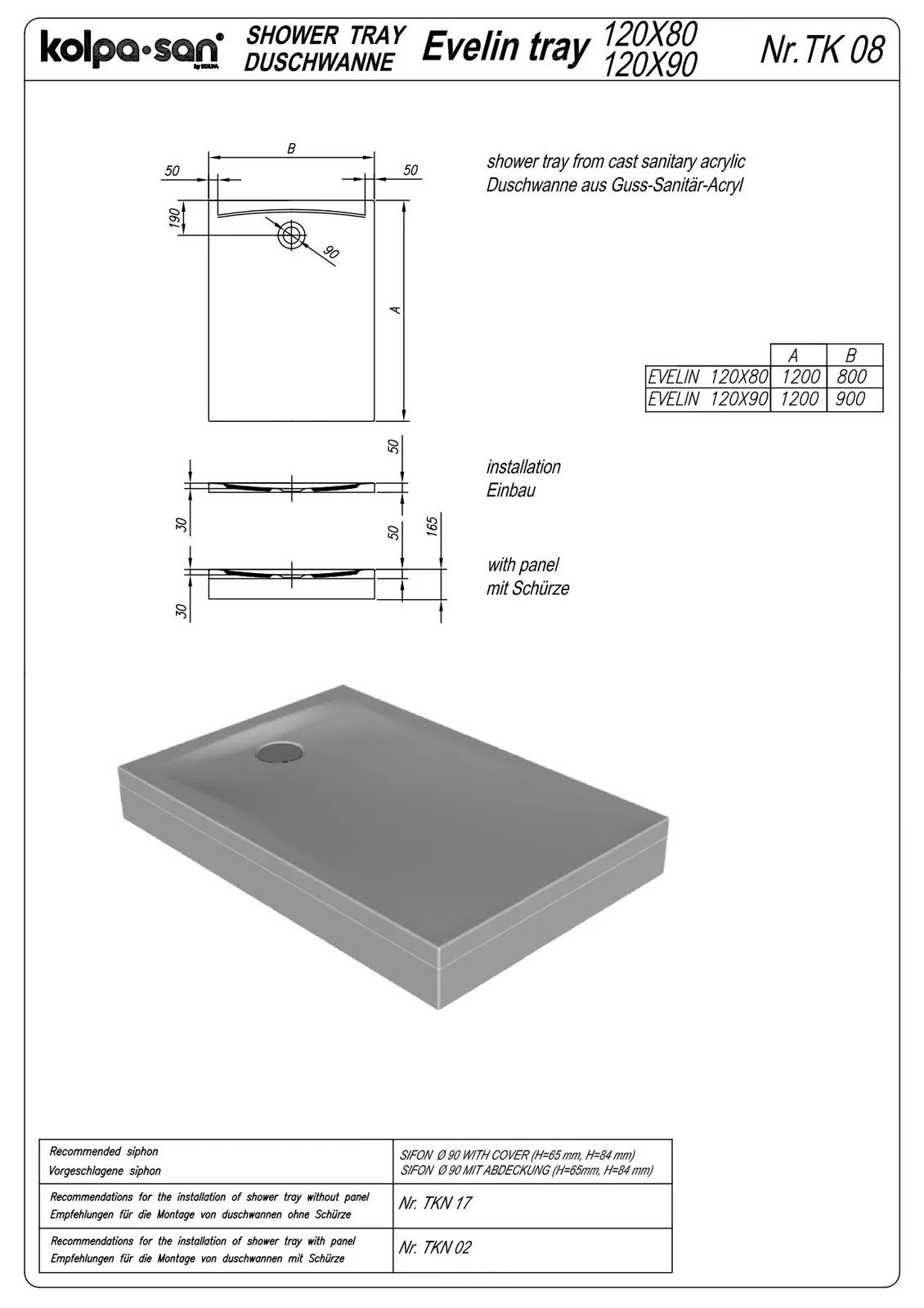 Tuš kada Kolpa San Evelin Tray Q White 90x120x5