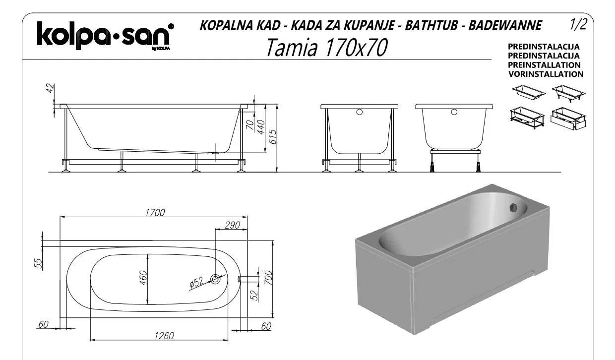 Kada za kupanje Kolpa San Evelin White 170x70x44 četvrtasta ugaona ugradna od sanitarnog akrila