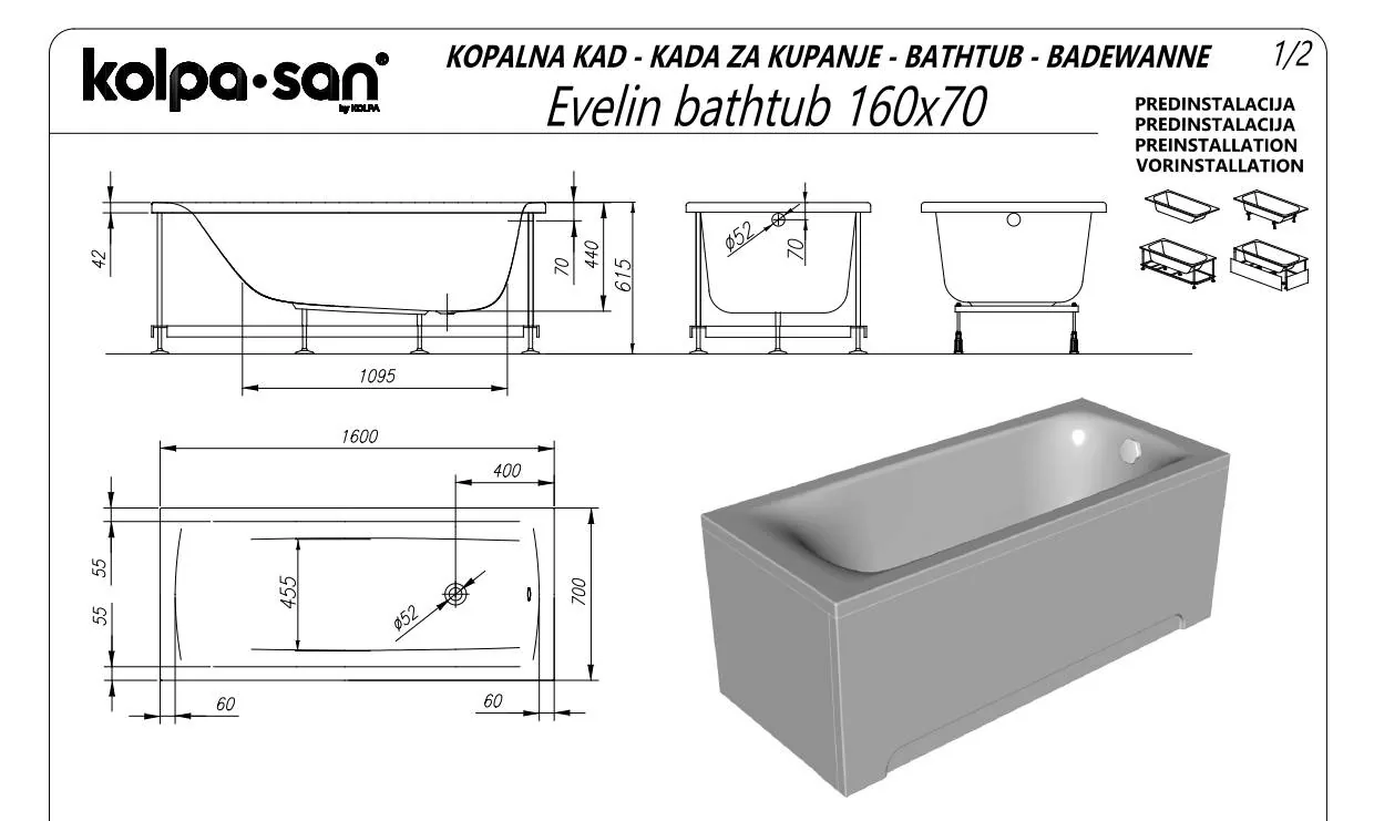 Kada za kupanje Kolpa San Evelin White 160x70x44 četvrtasta ugaona ugradna