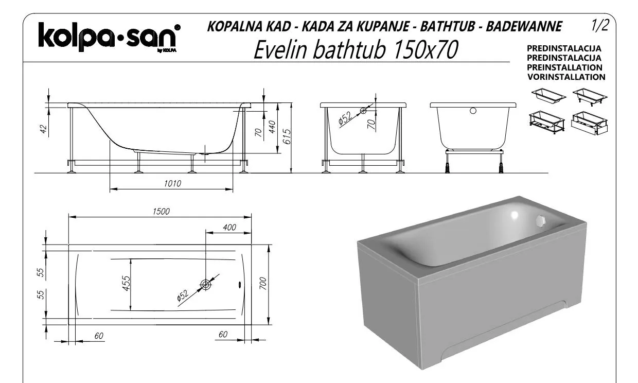Kada za kupanje pravougaona Kolpa San Evelin White 150x70 593360