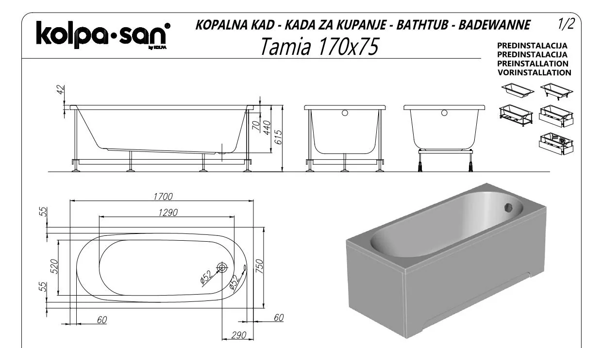 Kada za kupanje Kolpa San Tamia White 170x75x44