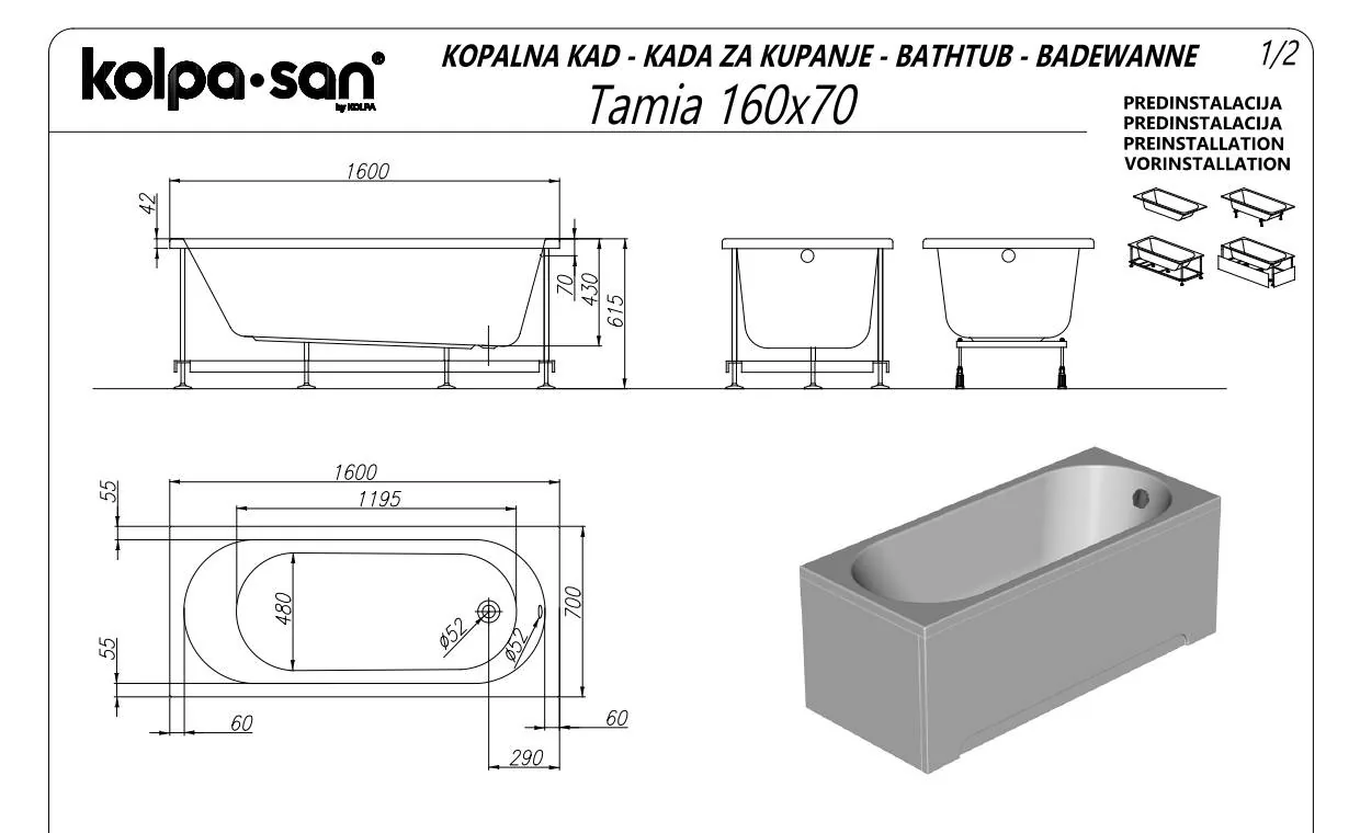 Kada za kupanje Kolpa San Tamia White 160x70x43 četvrtasta ugaona ugradna