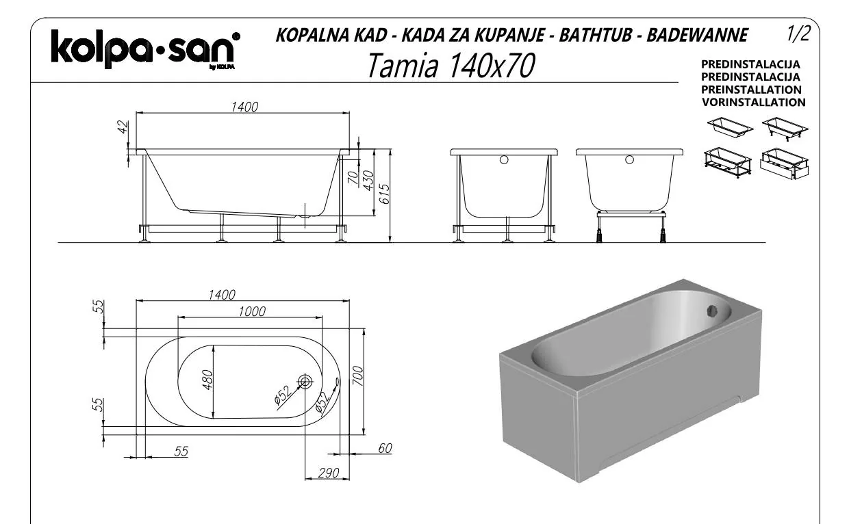 Kada za kupanje Kolpa San Tamia White 140x70x43 četvrtasta ugaona
