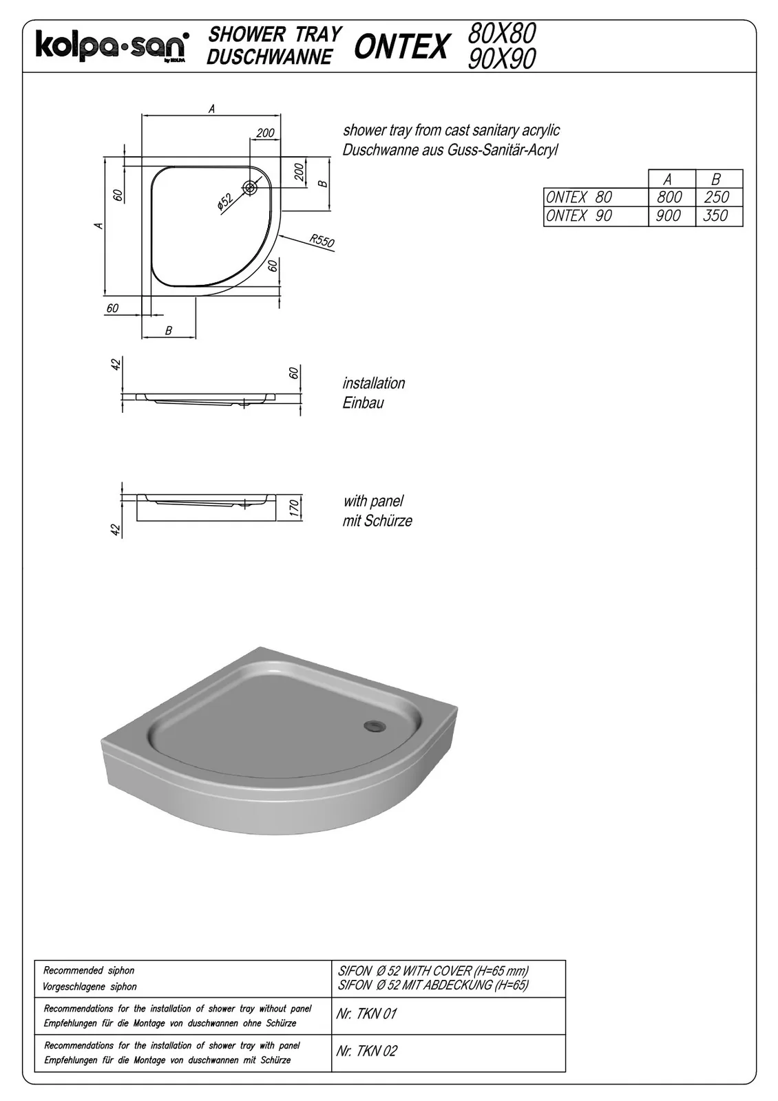 Tuš kada Kolpa San Ontex White 80x80x6 R550 polukružna ugradna