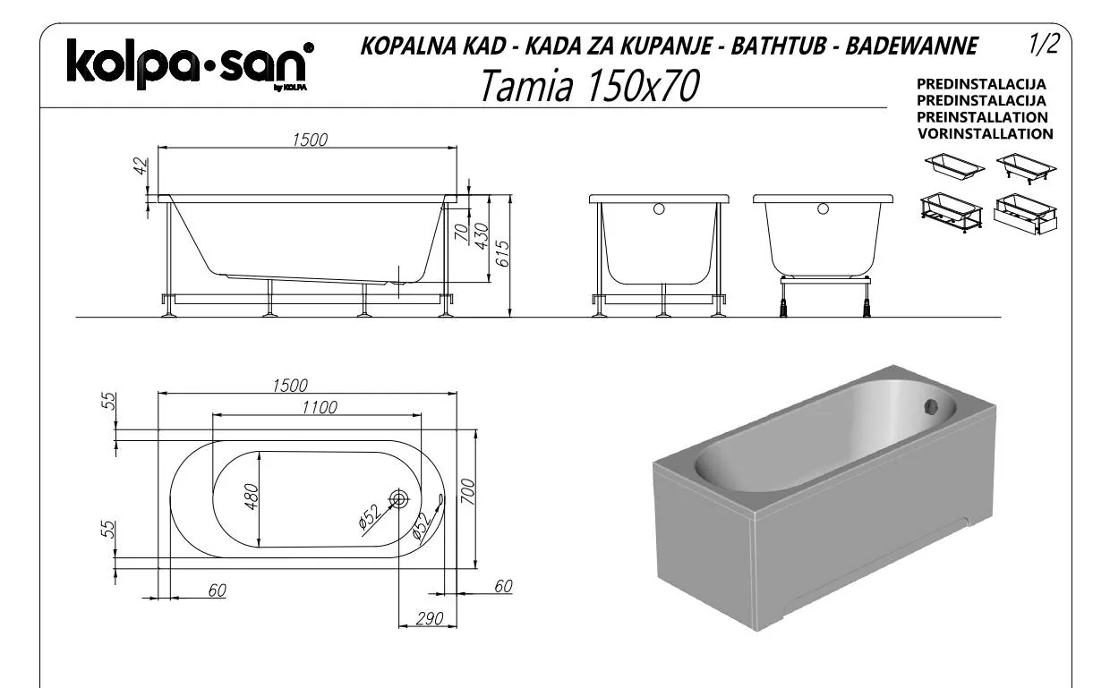 Kada za kupanje Kolpa San Tamia White 150x70x43 četvrtasta ugaona ugradna